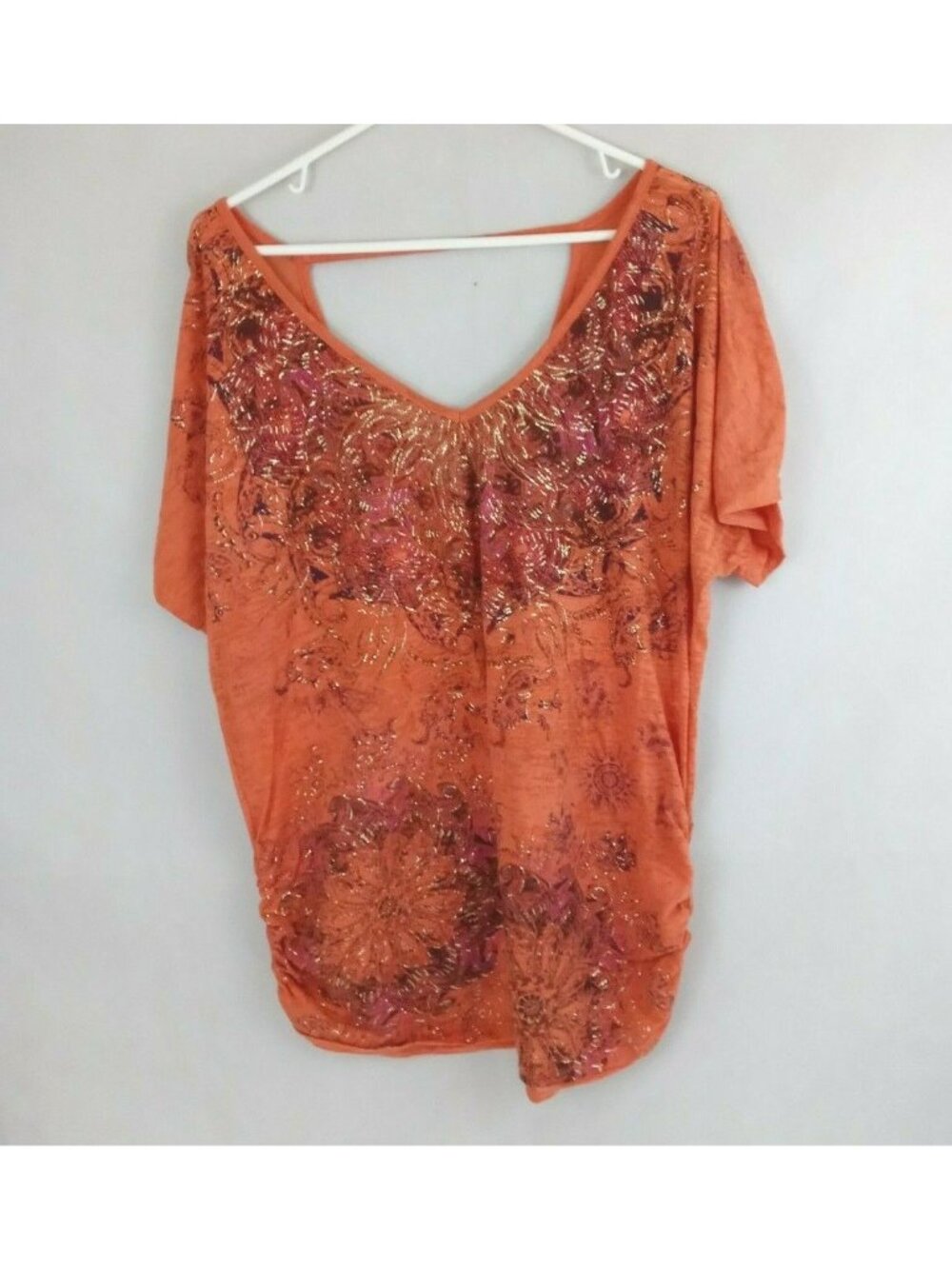Maurices Orange Metallic Floral Short Sleeve Shirt Size 2